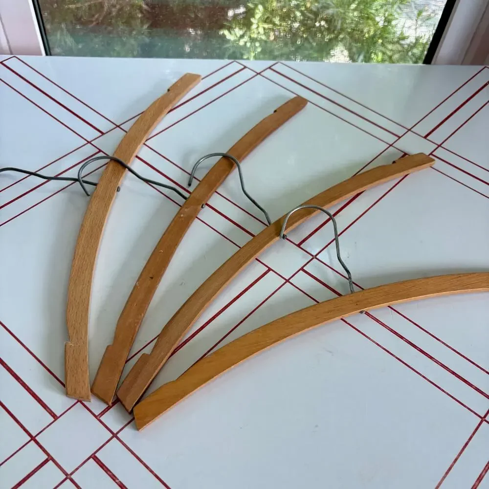 Vintage Set of 4 Curved Wooden Clothes Hangers Mid Century